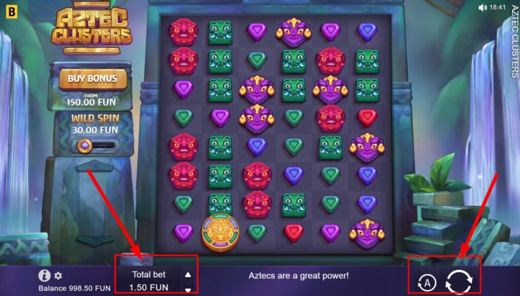 main buttons for playing the slot Aztec Clusters